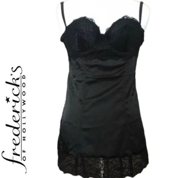 FREDERICK'S OF HOLLYWOOD Black Sexy Lace Chemises Slip Lace-Up Back sz M - Picture 1 of 6